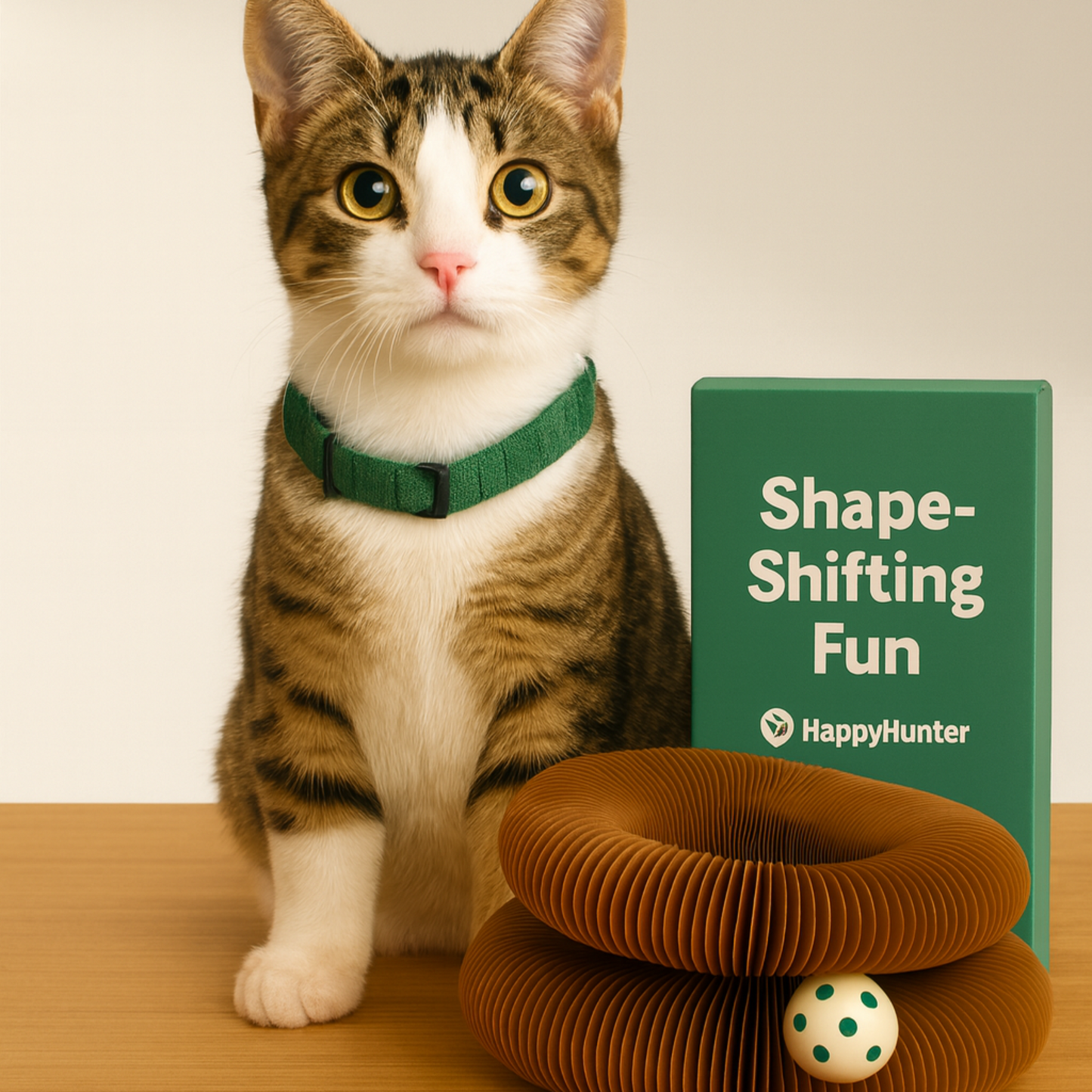 Cat wearing a green collar with a HappyHunter product on a wooden table