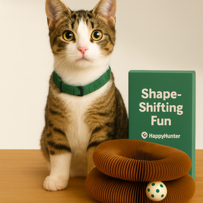 Cat wearing a green collar with a HappyHunter product on a wooden table