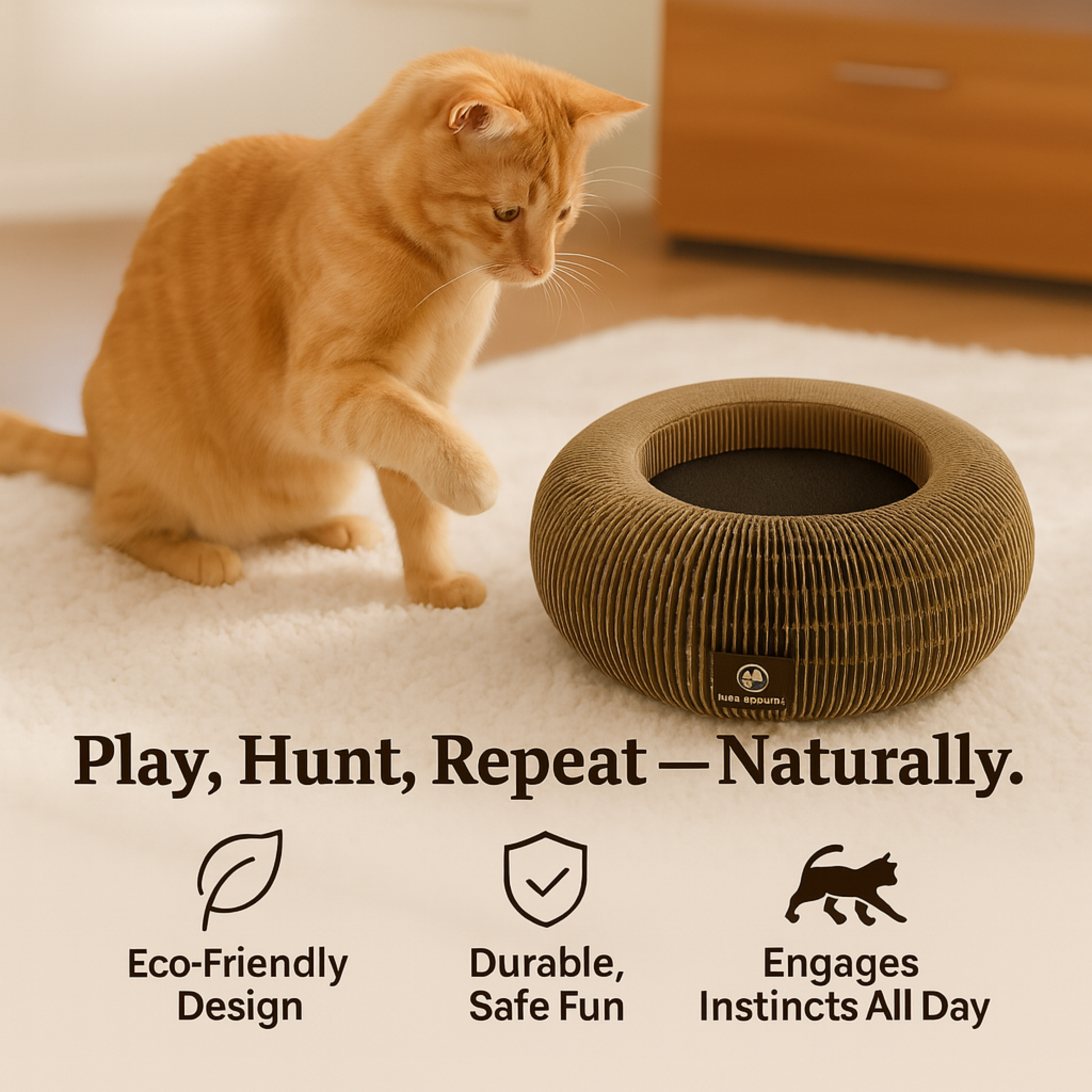 Cat playing with a cardboard cat toy on a carpeted floor.