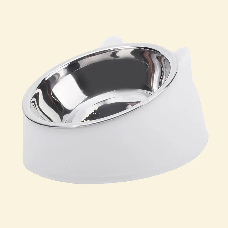 White pet bowl with a metallic interior on a white background